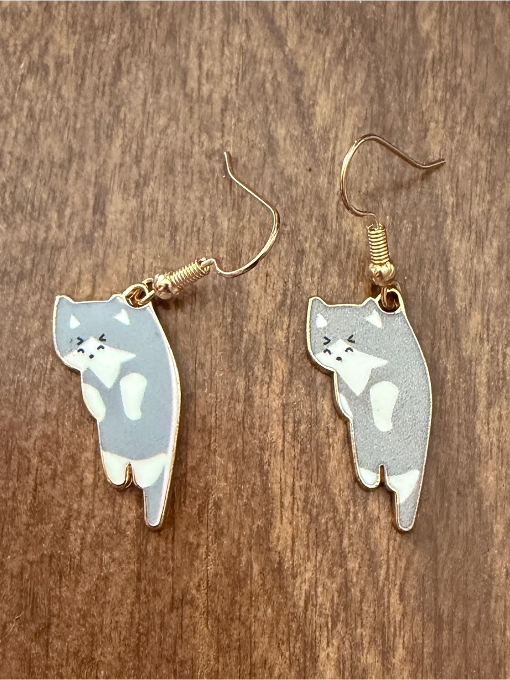 Gray Cat Dangle Earrings with Gold Hooks - Cute Cat Charm